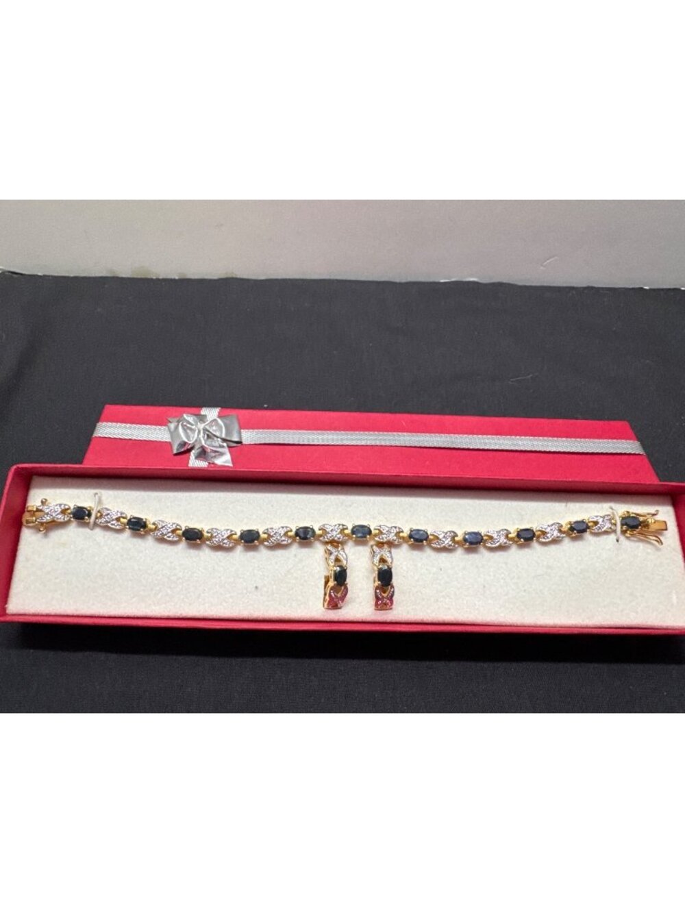 Gold & Silver-Tone Bracelet & Earrings Set With Sapphire-Style Stones 7.5-Inch L